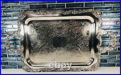 LARGE SILVER PLATED FOOTED HANDLED TRAY. Ornate Vtg floral scallop design