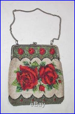 Large Antique 1800's Micro Beaded bead silverplate flower rose Purse clutch