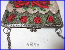 Large Antique 1800's Micro Beaded bead silverplate flower rose Purse clutch