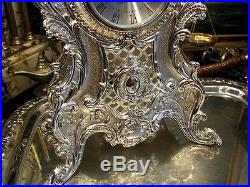 Large Silver Plate Quartz Mantle Clock Ornate Vintage Antique Gift
