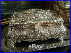 Large Silver Plated Jewellery Box Watch Rings Ornate Vintage Baroque Roses 11