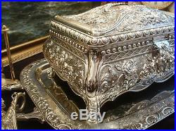 Large Silver Plated Jewellery Box Watch Rings Ornate Vintage Baroque Roses 11