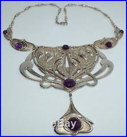 Large Vintage Art Nouveau Style Statement Necklace Amethyst Silverplate