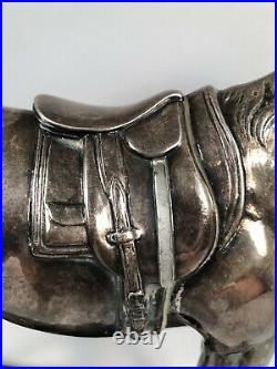 Large Vintage Metal Horse Figurine In English Hunt Seat Tack, Silver Plated