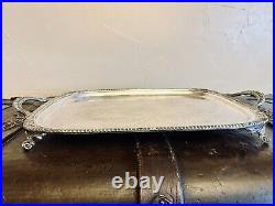 Large Vintage Silver Plate Butlers Serving Tray Footed Handled Ornate