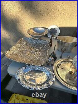 Lot of Vintage Silver Plated serving dishes, forks, knife, kettle, made in India