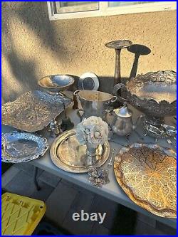 Lot of Vintage Silver Plated serving dishes, forks, knife, kettle, made in India