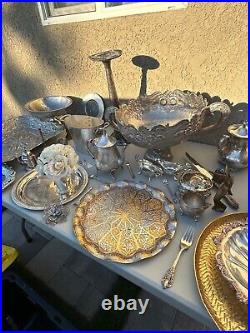 Lot of Vintage Silver Plated serving dishes, forks, knife, kettle, made in India