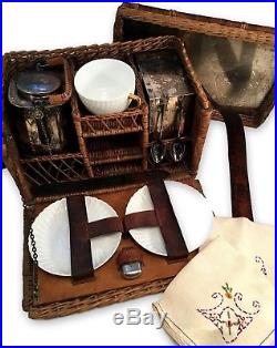 Lovely Vintage 1900 Antique Tea Picnic Basket Tea Kettle Burner Silver Plate