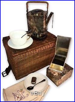 Lovely Vintage 1900 Antique Tea Picnic Basket Tea Kettle Burner Silver Plate