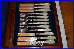 MOP Mother of Pearl Dessert Flatware Engraved Silver Plate 12 Forks Knives & Box