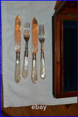 MOP Mother of Pearl Dessert Flatware Engraved Silver Plate 12 Forks Knives & Box