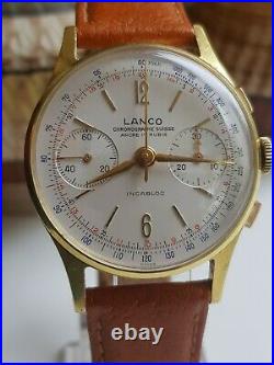 Mens Vintage Lanco Chronograph Suisse Gold Plated Watch Landeron 48 New Strap