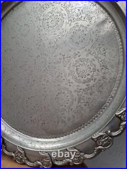 Moroccan Vintage Silver Nickel Tray Round