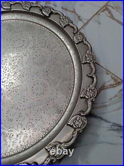 Moroccan Vintage Silver Nickel Tray Round