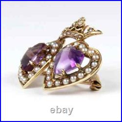 Natural Amethyst 2Ct Heart Cut Crowned Brooch Pin 14K Yellow Gold Silver Plated