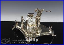 Old Vintage Silver Silverplate Golf Desk Set With Golfer And Ink Well