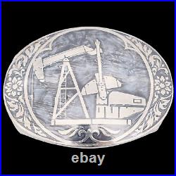 Oil Rotating Pumpjack Solid Brass Silver Plate ADM 1980s Vintage Belt Buckle