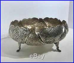 RARE fine Hand Chased Persian SILVER plated footed bowl decorative VINTAGE