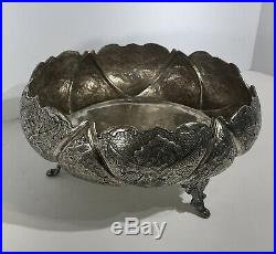 RARE fine Hand Chased Persian SILVER plated footed bowl decorative VINTAGE