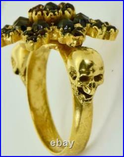 Rare Victorian Memento Mori Skull 18k gold plated silver&2.7ct Garnets ring