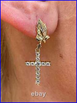 Real Moissanite 1.50Ct Round Hands Cross Earrings14K Yellow Gold Silver Plated