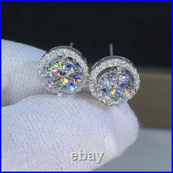 Real Moissanite 3.00Ct Round Cut Halo Stud Earrings 14K White Gold Silver Plated