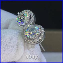 Real Moissanite 3.00Ct Round Cut Halo Stud Earrings 14K White Gold Silver Plated