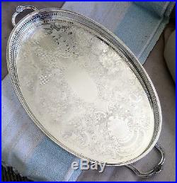 SILVER PLATED Vintage Large Tea Drinks Serving Gallery Tray Oval Chased Handles