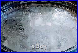 SILVER PLATED Vintage Large Tea Drinks Serving Gallery Tray Oval Chased Handles