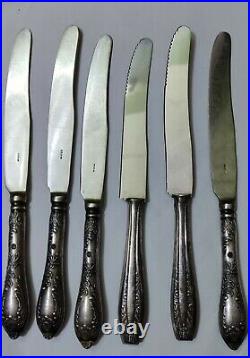 Set Of 6 Silver Plated Dessert HEP Knives Flatware Used Art Vintage Antique