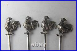 Set of 4 VTG French Silver Plate Meat Skewer with Rooster Tops Marked H. France. C