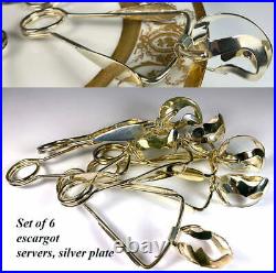 Set of 6 Vintage French Silver Plate Escargot Tongs, Servers, Clamps Tools