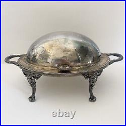 Sheffield Vntg Silver Plate Footed Hinged Roll Top Buffet Serving Dish Tarnished