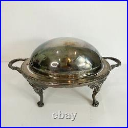 Sheffield Vntg Silver Plate Footed Hinged Roll Top Buffet Serving Dish Tarnished