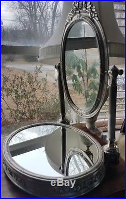 Silver Plate Plateau Mirror Vanity Table Top Swivel Pedestal Makeup Tray Vintage