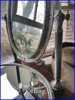 Silver Plate Plateau Mirror Vanity Table Top Swivel Pedestal Makeup Tray Vintage
