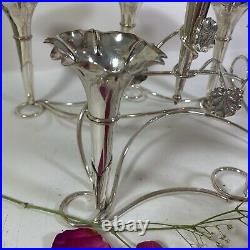 Silver Plate Seven Trumpet Epergne Leaf Scroll Wedding Stunning Centrepiece