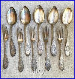 Silver Plate- Vintage- Hall & Elton -1878 Medallion- 6 Serving Spoon & 5 Forks