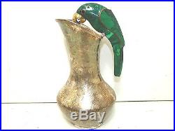 Silverplate & Malachite Inlay Parrot Mid Century Vintage Taxco Mexico Pitcher