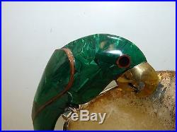 Silverplate & Malachite Inlay Parrot Mid Century Vintage Taxco Mexico Pitcher