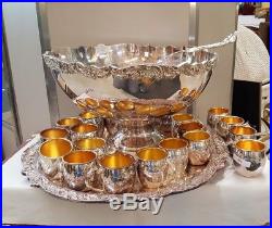 Silverplate Punch Bowl with Tray Ladle & 22 Cups by Towle FB Rogers Vintage