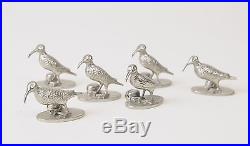 Six Vintage Cast Metal Silver Plated Wading Bird Menu or Place Card Holders