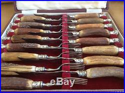Superb Harrods Boxed Set Vintage Stag Horn Handled Steak Cutlery