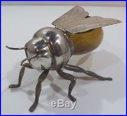 Unusual Vintage Elkington Silver Plate & Amber Glass Honey Bee Honey Pot W11518