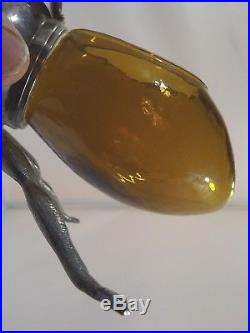 Unusual Vintage Elkington Silver Plate & Amber Glass Honey Bee Honey Pot W11518