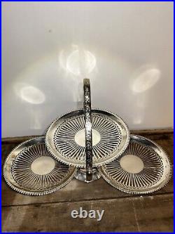 Unusual Vintage English Silver Plate 3 Tier Floral Edge Folding Dessert Tray