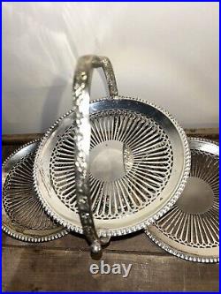 Unusual Vintage English Silver Plate 3 Tier Floral Edge Folding Dessert Tray