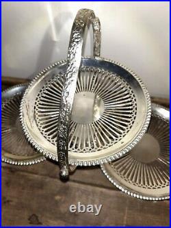 Unusual Vintage English Silver Plate 3 Tier Floral Edge Folding Dessert Tray