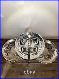 Unusual Vintage English Silver Plate 3 Tier Floral Edge Folding Dessert Tray